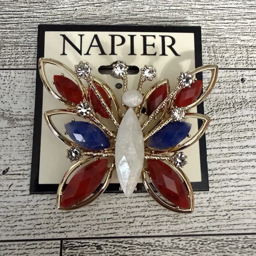Napier Patriotic Butterfly Pin Brooch Red White Blue USA Gold Tone 4th July New